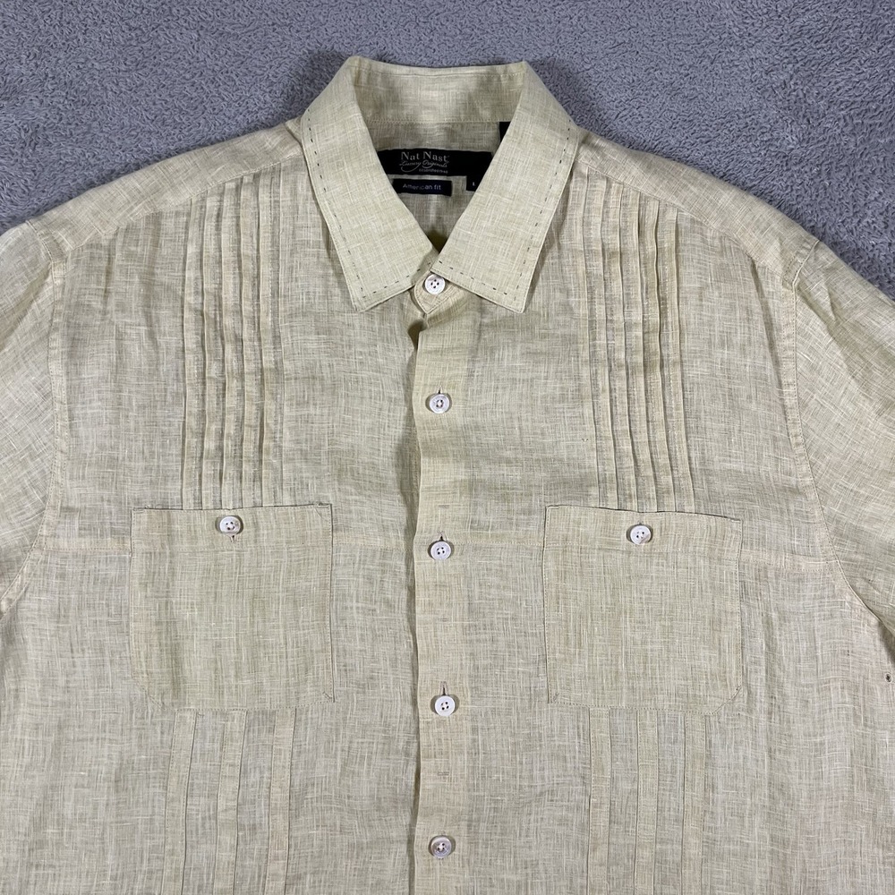 Nat Nast Shirt Mens Large Yellow Linen Button Up Short Sleeve Beach Preppy - Picture 3 of 12